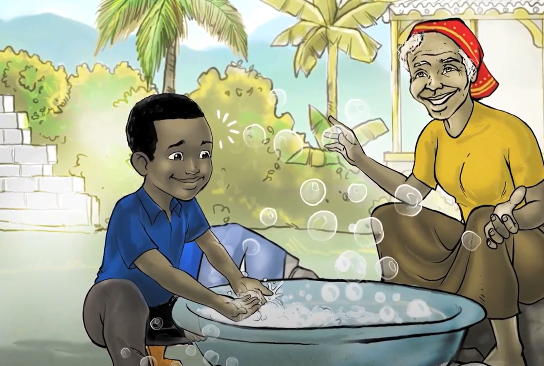 Illustration of young boy doing laundry with his grandmother
