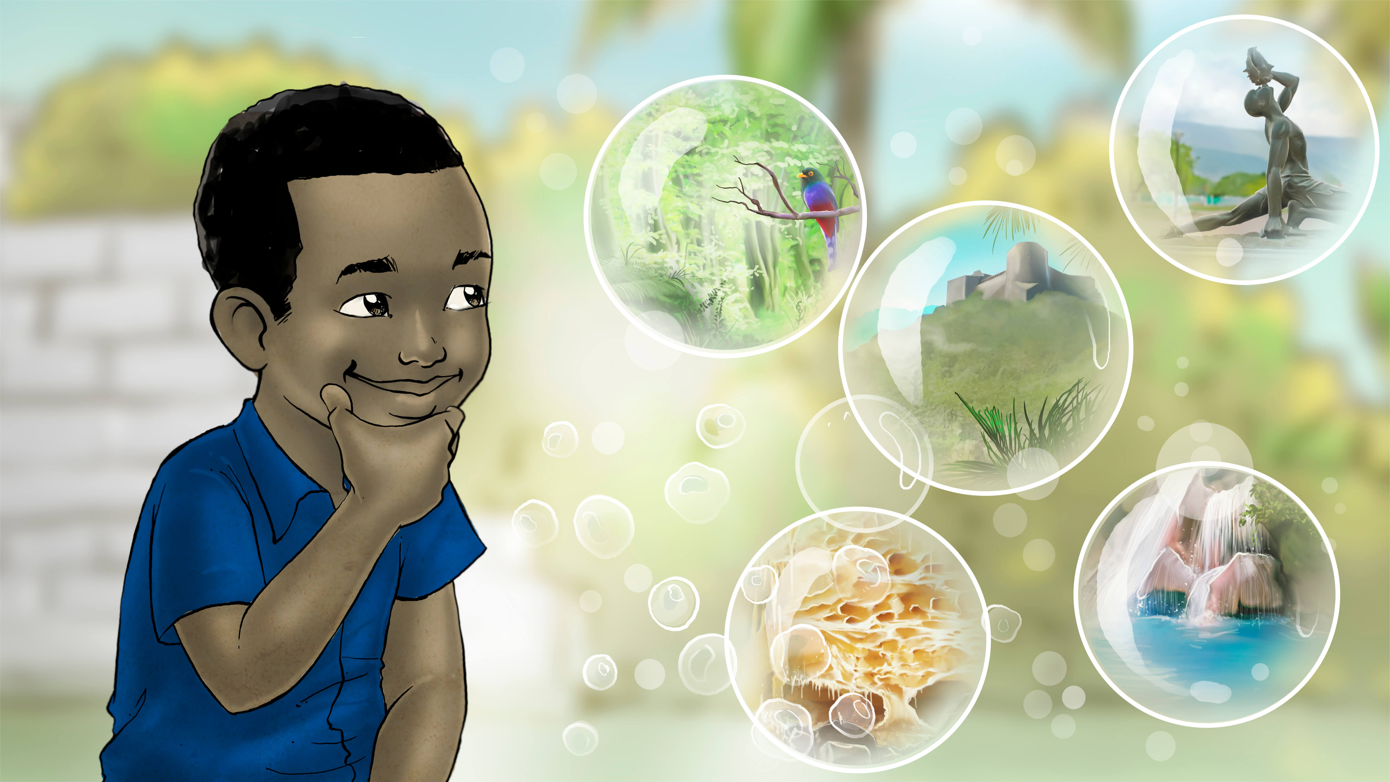 Illustration of boy watching bubbles float while doing laundry. Bubbles have images of famous landmarks in Haiti inside of them.