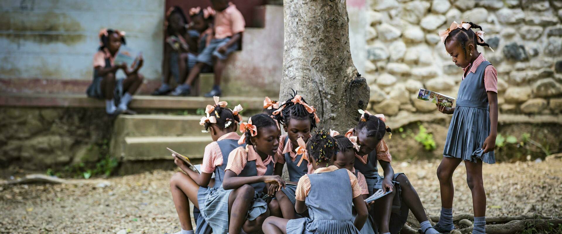 Students in Haiti reading books under a tree